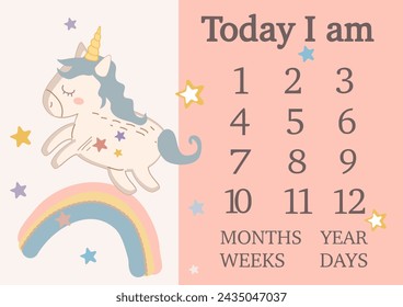 Manta de hito del bebé con marco de foto. Bebé primero 12 meses, semanas . Tarjeta de hitos del bebé. Decoración de la ducha del bebé. Ilustración vectorial. Lindo unicornio con estrellas, animal. Pegatinas. Chica regalo imprimible