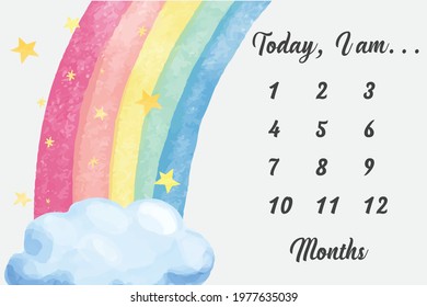 Baby Milestone blanket Rainbow background unisex ( boy + girl), decoration baby shower baby new born month weeks 1, 2, 3, 4, 5, 6, 7, 8, 9, 10,11, 12. editable eps file.