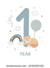 Baby milestone card. Cartoon fox, number, hand drawing lettering, decor elements. Colorful vector illustration, flat style. design for greeting cards, print, poster