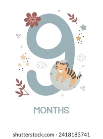 Baby milestone card. Cartoon tiger, number, hand drawing lettering, decor elements. Colorful vector illustration, flat style. design for greeting cards, print, poster
