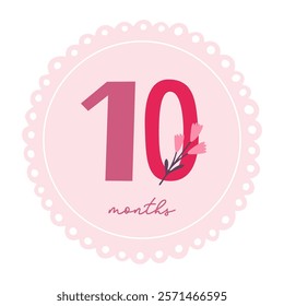 Baby milestone card with flower for newborn girl 10 months. Baby shower print for special moments. Baby month anniversary card.