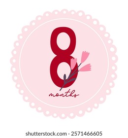 Baby milestone card with flower for newborn girl 8 months. Baby shower print for special moments. Baby month anniversary card.