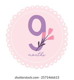 Baby milestone card with flower for newborn girl 9 months. Baby shower print for special moments. Baby month anniversary card.