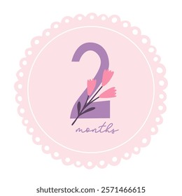 Baby milestone card with flower for newborn girl 2 months. Baby shower print for special moments. Baby month anniversary card.