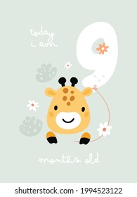 Baby milestone card with flowers and numbers for newborn girl or boy. 9 months. Baby shower print capturing the special moments. Baby 9 months anniversary card. Nursery print