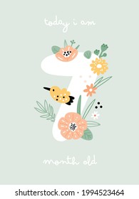 Baby milestone card with flowers and numbers for newborn girl or boy. 9 months. Baby shower print capturing the special moments. Baby 9 months anniversary card. Nursery print
