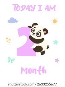 Baby milestone card with panda. Today I am 2 months sign. Cute baby age poster.