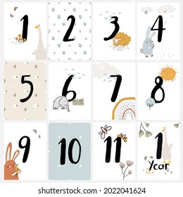 Baby milestone cards for baby's first year with cute cartoon duck, lamb, bunny, rainbow, and elephant characters for newborns. Monthly cards with numbers for newborn girl or boy baby's first 12 months