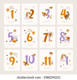 Baby milestone cards with cute animals and numbers. Kids month anniversary prints for newborn girl, boy. Jungle characters with graphic elements. Cartoon vector illustrations set