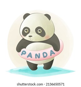 Baby milestone cards cute animals, Cute panda swimming with a buoy