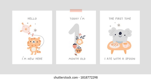 Tarjetas de hito bebé con dibujos animados bonitos personajes animales para recién nacidos. Impresión de una ducha de bebé que captura todos los momentos especiales. Tarjeta de aniversario del mes del bebé. Impresiones de guardería