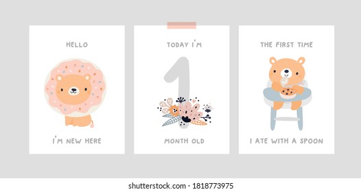 Baby Milestone Cards With Cute Cartoon Bear, Lion, Baby Animals For Newborn Girl Or Boy. Baby Month Anniversary Card. Baby Shower Print Capturing All The Special Moments. Nursery Prints