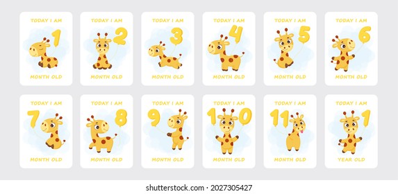 Baby milestone cards with cute little giraffe flying on number balloons for newborn girl or boy. Baby month anniversary card. Nursery print capturing all special moments. Stock vector illustration