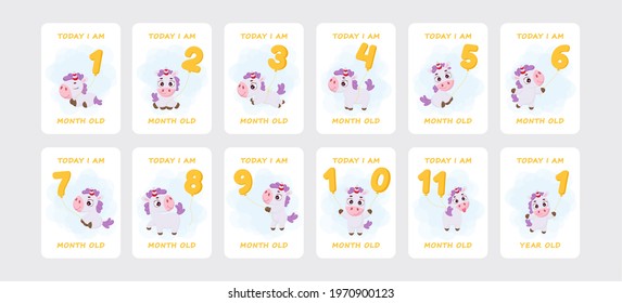 Baby milestone cards with cute magical unicorn flying on number balloons for newborn girl or boy. Baby month anniversary card. Nursery print capturing all special moments. Stock vector illustration