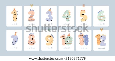 Baby milestone cards with cute smiling numbers for newborn girl or boy. 1-12 months. Baby shower print capturing all the special moments. Monthly anniversary card. Nursery invitation print. Birthday   Foto stock © 