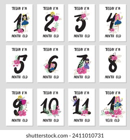 Baby milestone cards with flowers and numbers, fairys. Baby shower print