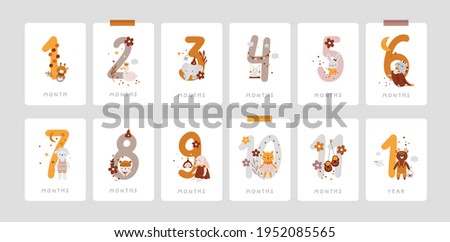 Baby milestone cards with flowers and numbers for newborn girl or boy. 1-11 months and 1 year. Baby shower print capturing all the special moments. Baby month anniversary card. Nursery print Foto stock © 