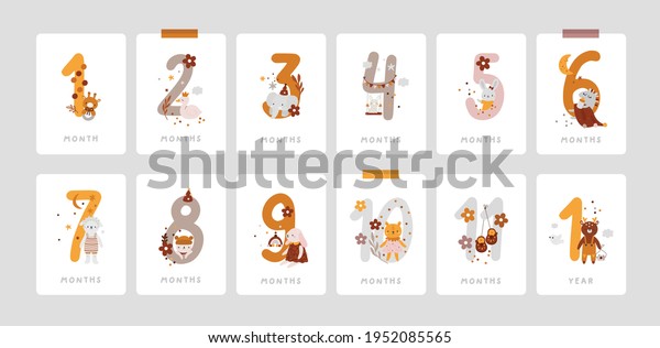 Baby\
milestone cards with flowers and numbers for newborn girl or boy.\
1-11 months and 1 year. Baby shower print capturing all the special\
moments. Baby month anniversary card. Nursery\
print