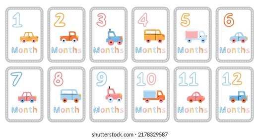 Baby Milestone Cards With Hand-drawn Cars And Numbers. Newborn 1 To 12 Months Anniversary Cards Set 