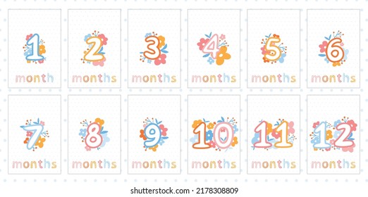 Baby milestone cards with hand-drawn flowers and numbers. Newborn 1 to 12 months anniversary cards set 