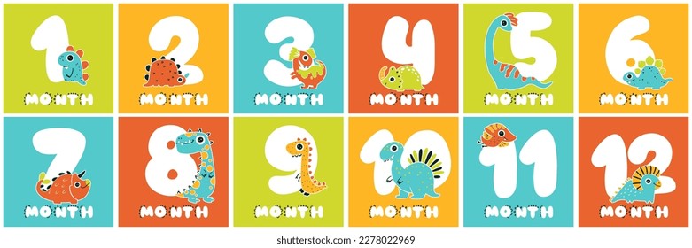 Baby milestone cards with numbers and cute smiling dinos for a newborn baby girl or boy. 1-12 months. Color print for the holiday with a dinosaur character. Monthly anniversary birthday card