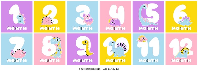 Baby milestone cards with numbers and cute smiling dinos for a newborn baby girl. 1-12 months. Color print for the holiday with a dinosaur character. Monthly anniversary birthday card