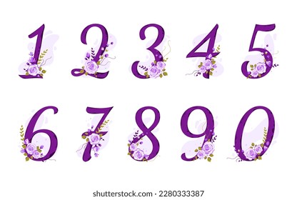 Baby milestone. Collection numbers from 0 to 9 decorated with roses, branches, leaves. For the first year of a baby's life, birthday cards, wedding invitations