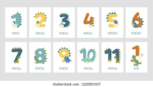 Baby Milestone Dino Boy Cards. Baby Milestone cards with dino numbers for newborn boy. 1-11 months and 1 year.  svg