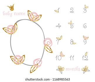 Baby milestone fashion blanket with gold glitter floral elements for cute photos. Vector hand drawn illustration.