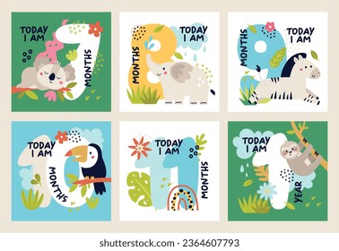 Baby milestone vector cards with safari jungle animals. Кhino, zebra, monkey, butterfly, koala, sloth, toucan, elephant