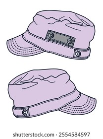 Baby military cap technical line drawing vector mockup template.