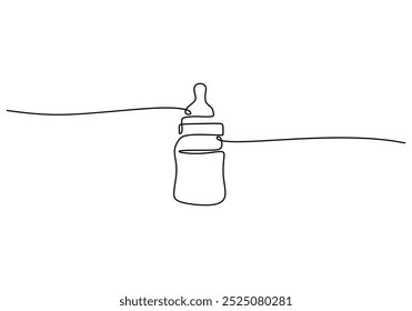 Bebé botella de leche continua de una línea de dibujo. Nutrición en el recipiente de plástico para un concepto de recién nacido. Fondo minimalista de Ilustración vectorial.