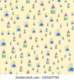 Baby milk bottle and baby cot seamless pattern. Flat cartoon style. Vector illustration.