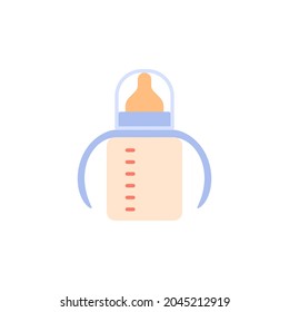 Baby milk bottle flat icon isolated on white background. Color babycare object with nipple. Newborn care vector illustration.
