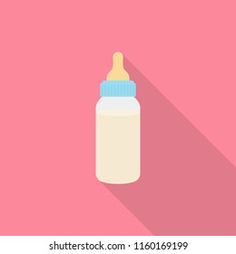 Baby Milk Bottle Icon With Long Shadow On Pink Background, Flat Design Style