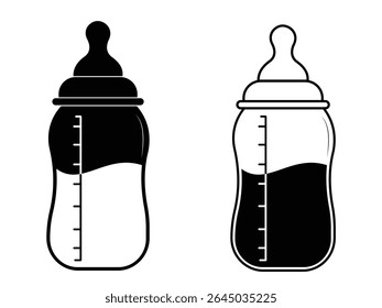Bebê leite garrafa ícone vetor com leite. Silhueta do símbolo e sinal da garrafa de leite do bebê. Bebê mamadeira ícone vetor ilustração.