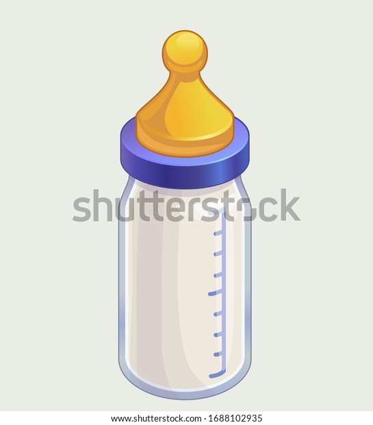 乳児用乳瓶 ゴムの乳首と目盛りの付いた かわいい漫画の赤ちゃん用哺乳瓶のベクターイラスト のベクター画像素材 ロイヤリティフリー