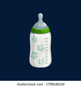 Baby Milk Bottle Isolated Realistic Icon. Vector Glass Or Plastic Bottle With Measuring Scale And Silicone Rubber Pacifier, Flowers Print. Sterile Container To Store Liquid Foo And Water Drinks