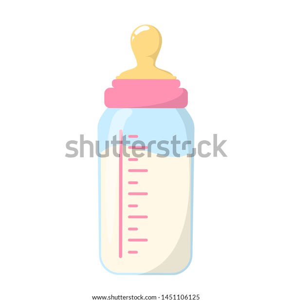 Baby milk bottle. Nutrition in the plastic\
container for a newborn. White drink, dairy product. Isolated\
vector illustration in cartoon\
style