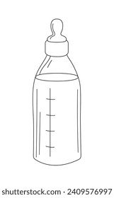 Baby milk in a bottle with a pacifier. Fresh drink. Dairy natural product. Healthy food for little child. Flat vector illustration. Black and white sketch outline