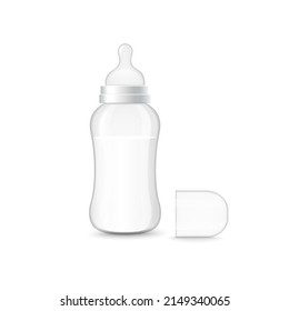 Botella de leche de bebé con un pacificador y una tapa extraíble, 3d ilustración vectorial realista aislada en fondo blanco. Alimentador de plástico o vidrio para recién nacidos y lactantes.