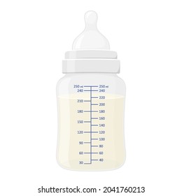 Baby Milk Bottle. Plastic Container With Measurements, Filled With Milk Infant Formula. Vector Flat Illustration Of Filled Newborn Baby Milk Bottle With Silicone Nipple Isolated On White Background