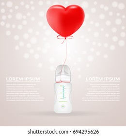 Baby Milk Bottle With Red Baloon In Shape Of Heart Isolated On A Background. Vector Illustration. Products For Children