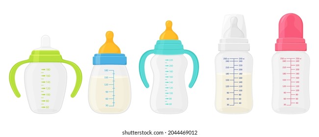 Baby milk bottle set, isolated on white background. Colorful bottles for feeding a newborn baby differents shape with pacifier nipples, color plastic handles and measurement scale volume.