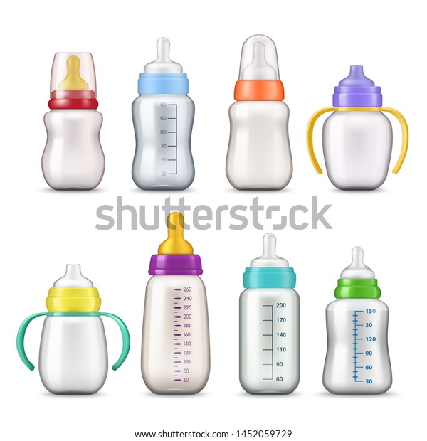 Baby milk bottles 3d mockup templates. Vector\
realistic baby feeding bottles with cup caps, pacifier nipples,\
color plastic handles and capacity volume measure lines, baby care\
package mock ups