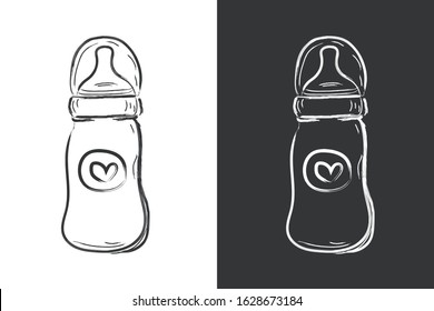 Baby milk bottles, sketches isolated black and white graphic design. Vector illustration.