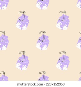 La caja de la leche de bebé es una sonrisa tierna sin fisuras. Caricatura infantil dibujada a mano doodle kawaii bebe personaje de postre. Ilustración infantil vectorial en un sencillo estilo ingenuo. Perfecto para imprimir