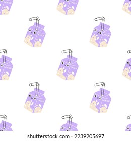 Baby Milk box seamless pattern cute smile. Hand drawn nursery cartoon doodle kawaii drink dessert character. Childish vector illustration in a simple naive style. Perfect for printing