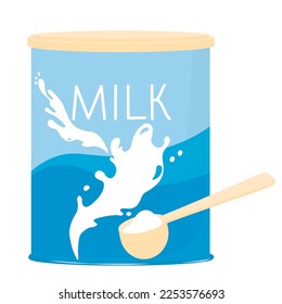 Baby milk powder. Vector illustration. Simple powder milk in aluminium can full  plastic measuring spoon or scoop. Powdered milk formula canned. 