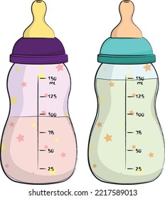 Baby Milk Star Design Bottle Two Colorful Blue Violet Pacifier Illustrated Vector Artwork Cartoon Props 